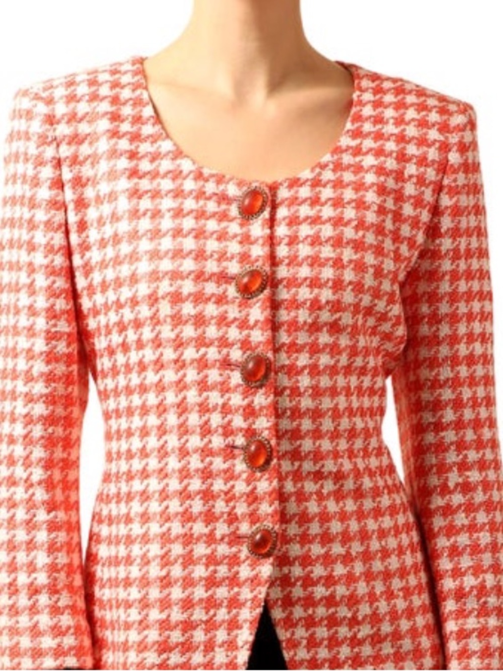 Rare Vintage Christian Dior Houndstooth White Orange Salmon Suit Jacket Blazer &
